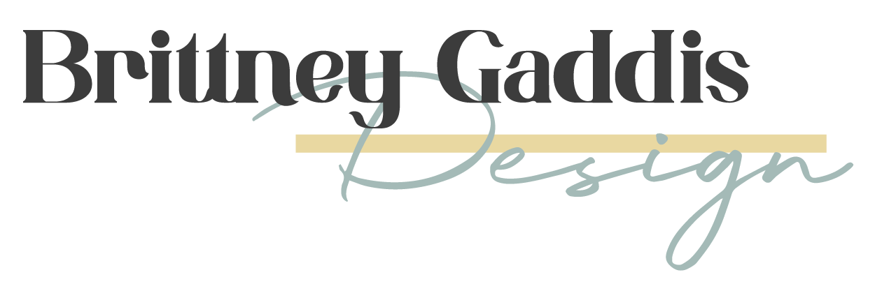 Brittany Gaddis Design logo, featuring a name in dark gray text and a light beige horizontal line, with the word "Design" in a light teal script font.