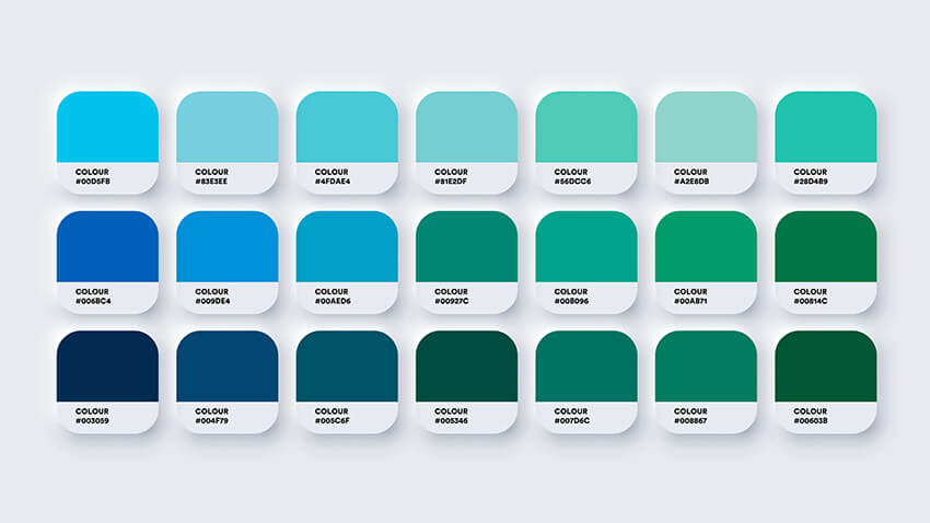 It's important to consider color psychology in branding when selecting a color palette. This color palette includes various shades of blues and greens.