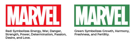 Marvel uses the color red for their logo instead of green. Red evokes more of the emotions that they want their fans to feel.