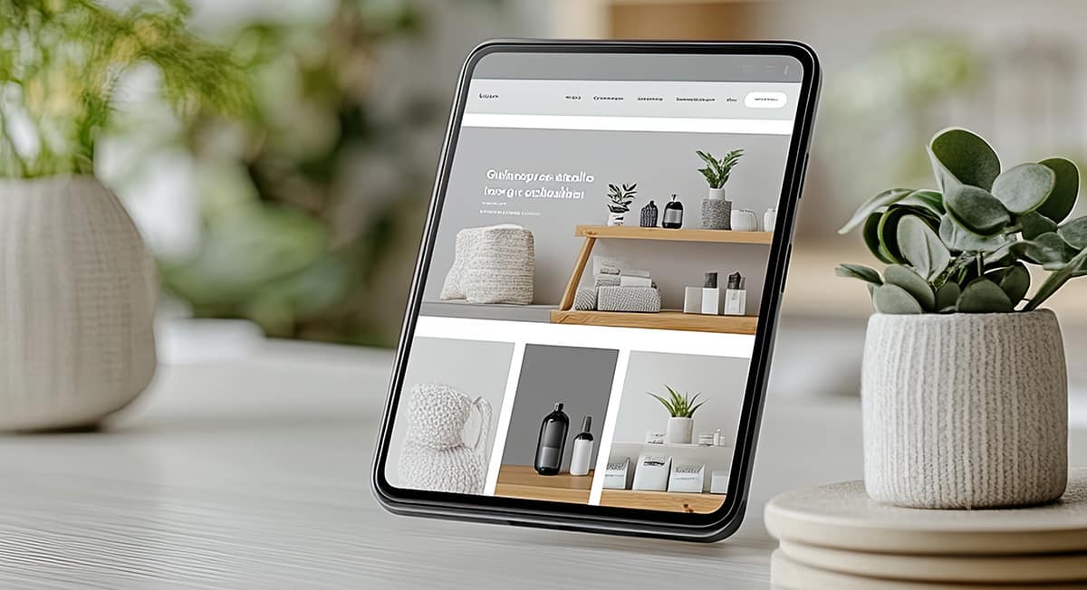 Ecommerce website on a tablet with clean layout and images