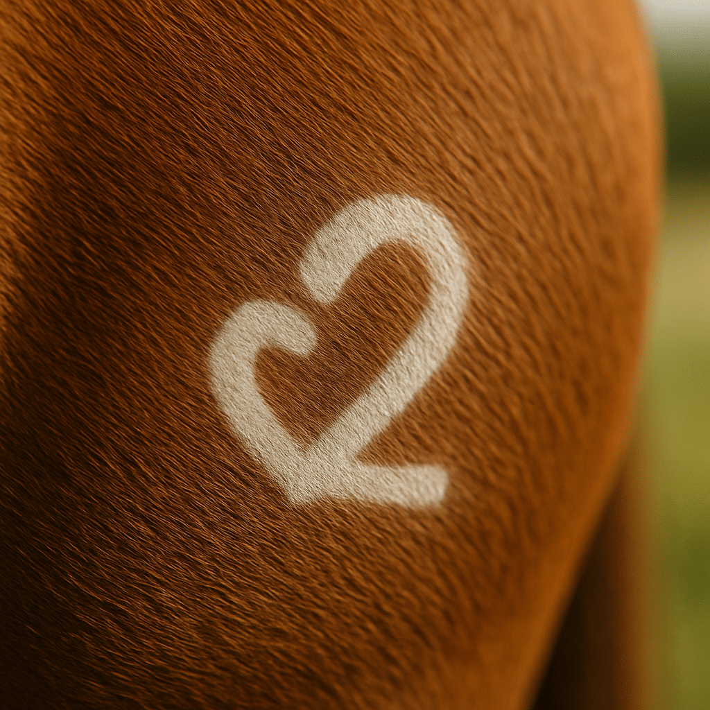 Freeze brand in the shape of a heart and number 2 on the hip of a chestnut horse, representing Round 2 Ranch's custom livestock brand.