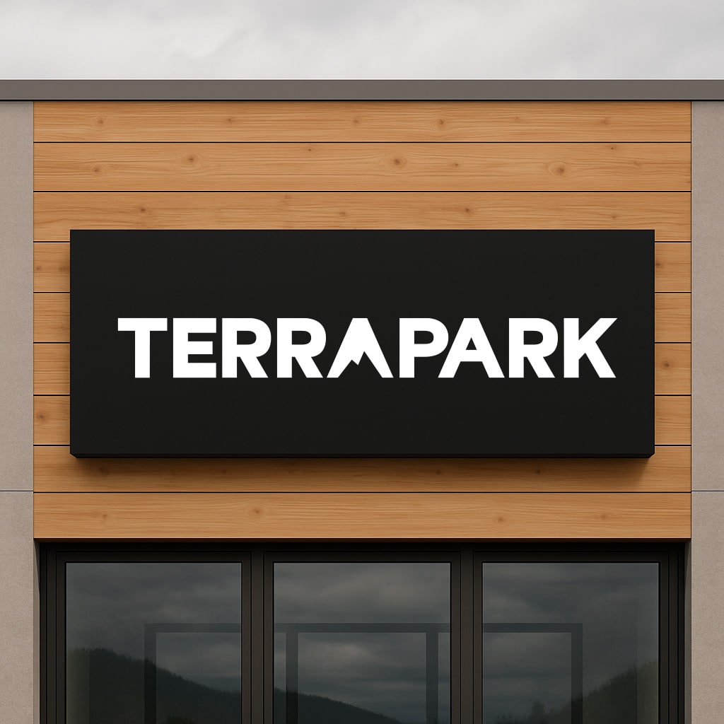 Terrapark logo for Bend, Oregon construction company on a modern new commercial building