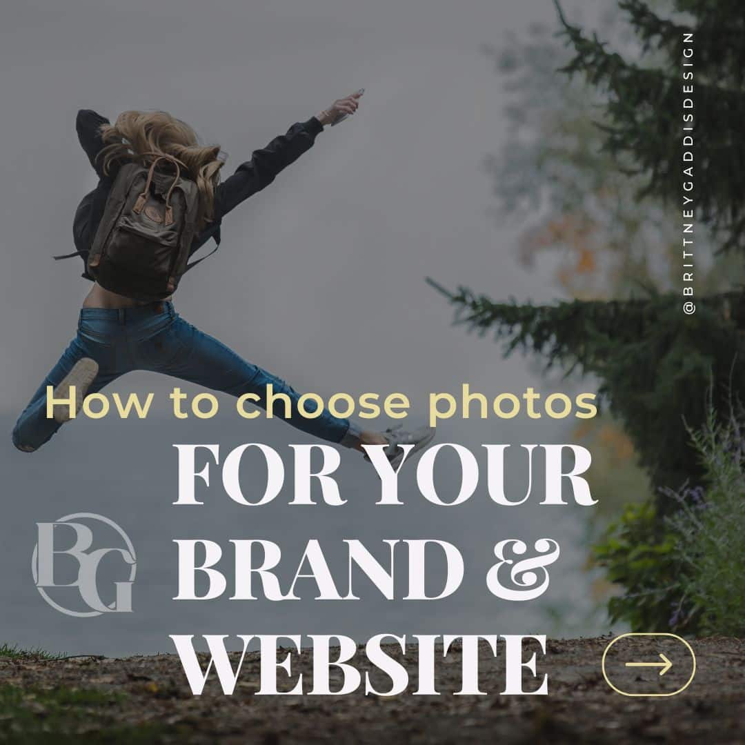 Graphic overlay reading "How to choose photos FOR YOUR BRAND & WEBSITE" with a person in mid-air jump outdoors against a muted background.