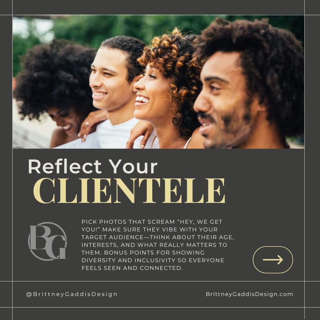 Graphic advising businesses to "Reflect Your Clientele" using a photo of four smiling, diverse young adults with dark, curly hair.