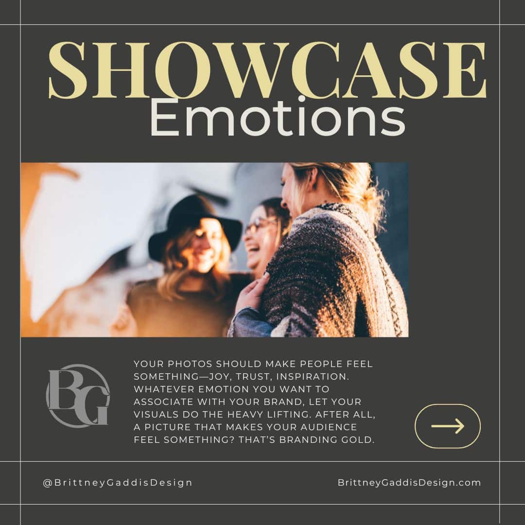 Dark grey graphic with the text "SHOWCASE Emotions" over a bright photo of three smiling women hugging outdoors.