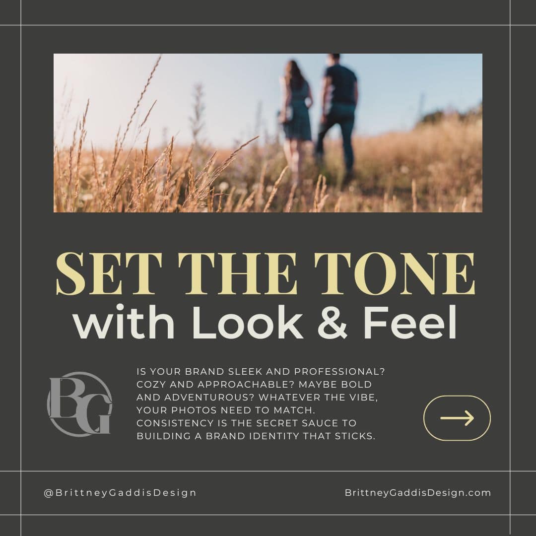 Dark grey graphic with text "SET THE TONE with Look & Feel" overlaying a blurred outdoor photo of a couple walking through tall, sunlit grass.