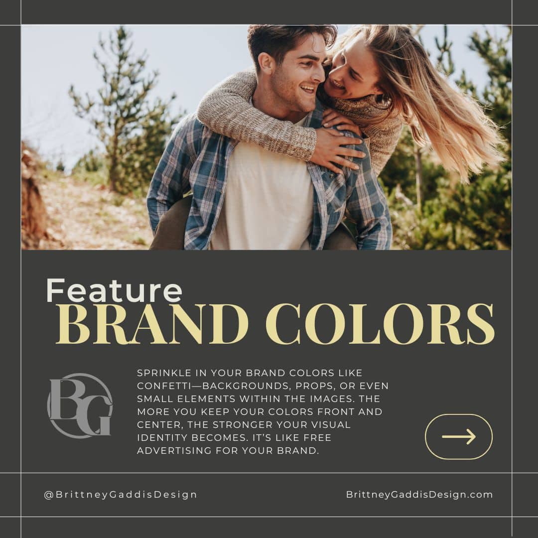 Promotional graphic titled "Feature BRAND COLORS" showing a happy couple embracing outdoors with text offering branding advice.