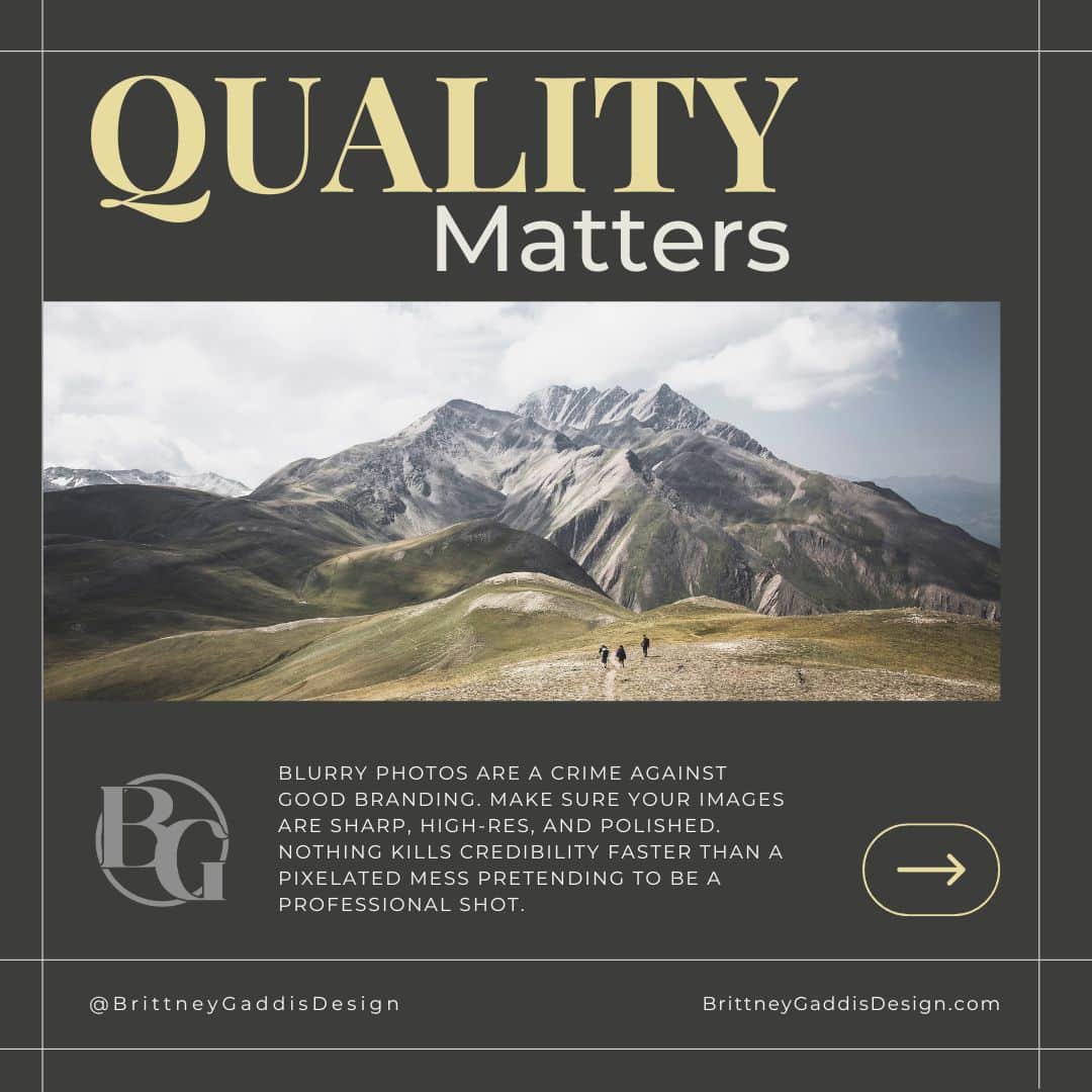 Graphic design post featuring the text "QUALITY Matters" above a sharp landscape photo of green and rocky mountains with three small figures hiking in the foreground.