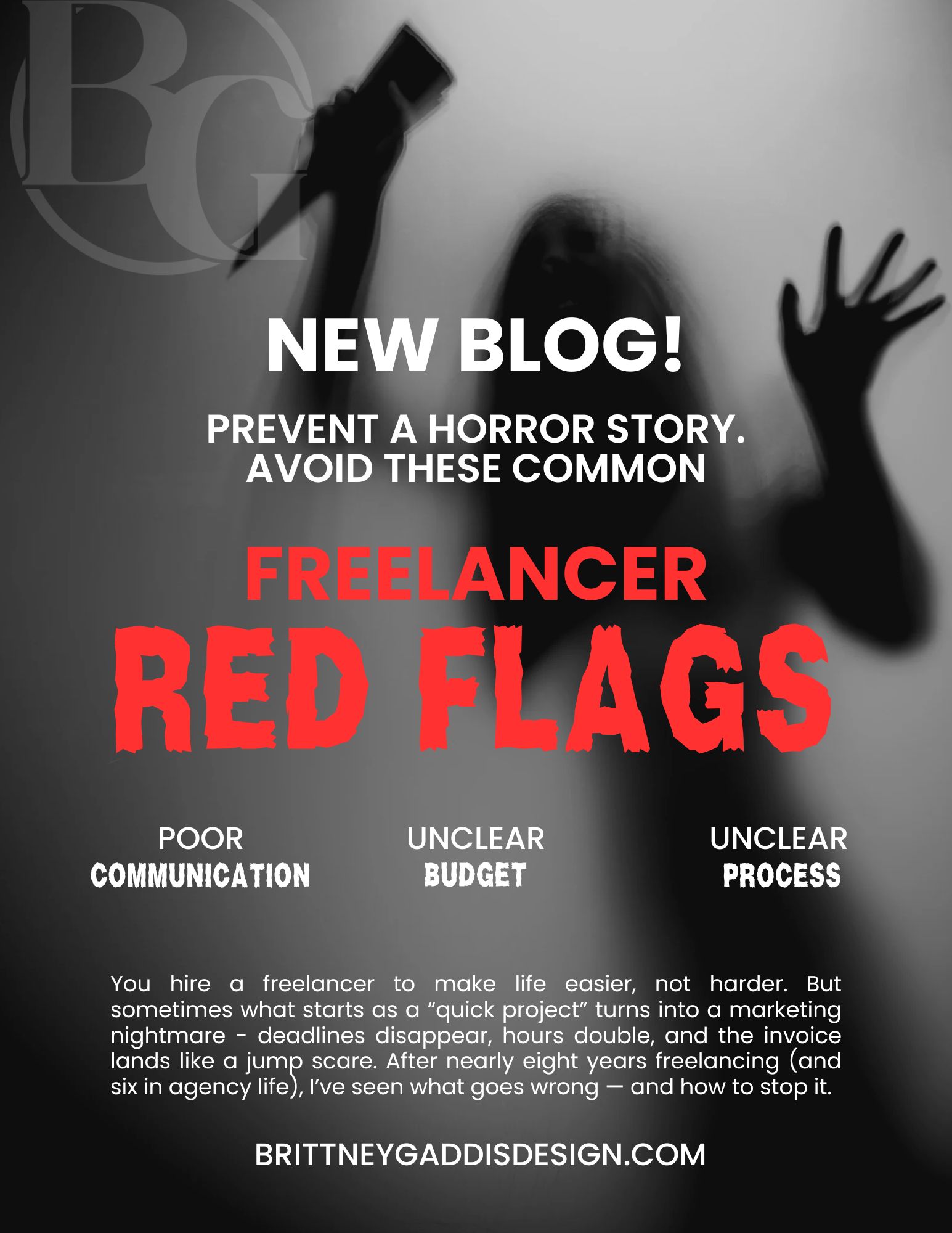 Movie poster style blog graphic reading "freelancer red flags" with a creepy figure in the background