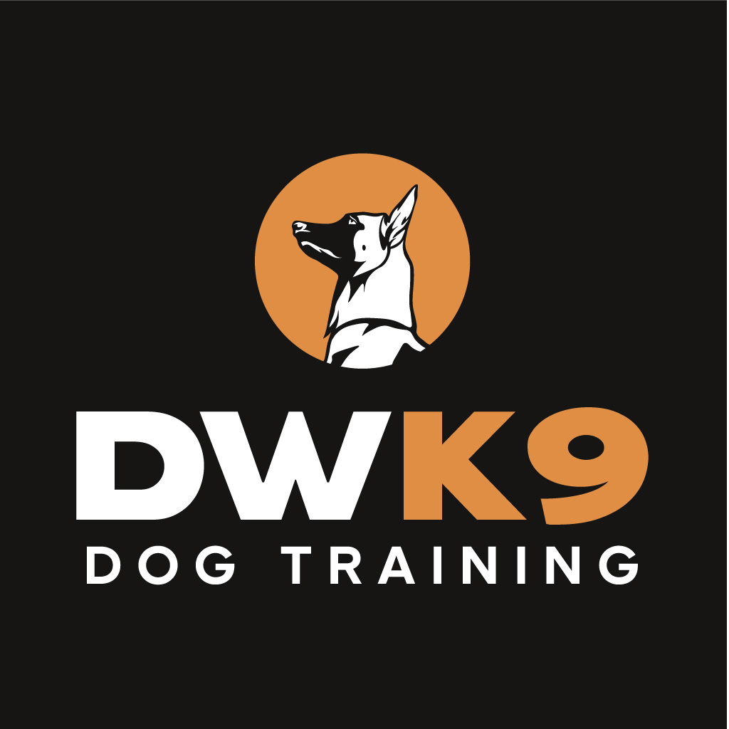 DWK9 Dog training logo design based out of Utica KY. Light colored logo on black background.